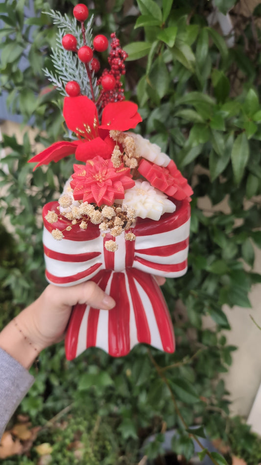🎀 Bouquet Parfumé – Vase Nœud Rouge & Blanc