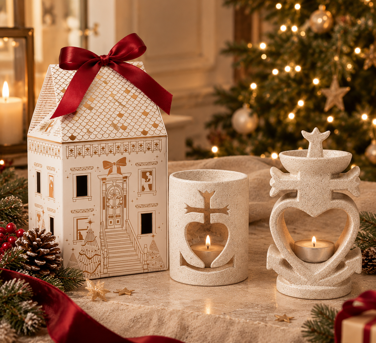 Coffret cadeau de Noël Camargue dans une maisonnette décorative avec brûle-parfum ajouré ou croix moulée, mini fondant parfumé de 9 g et bougie chauffe-plat – Les Bougies d’Andy.