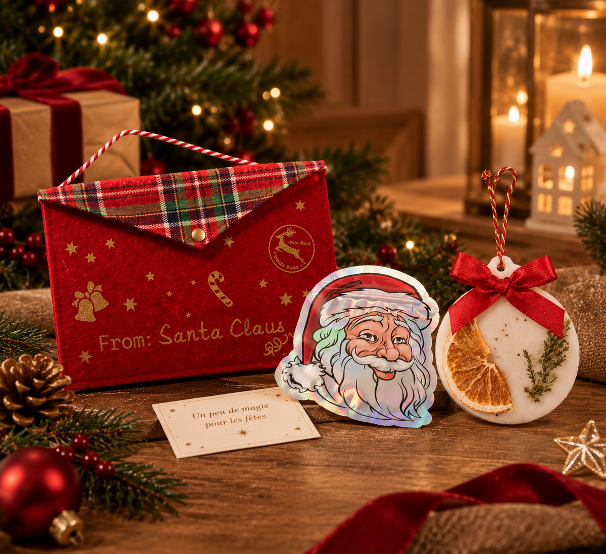  Mini coffret parfumé de Noël avec pochette rouge en feutrine, poudre parfumée Linge Propre 40 g et suspension parfumée cannelle ou pain d’épices – Les Bougies d’Andy.