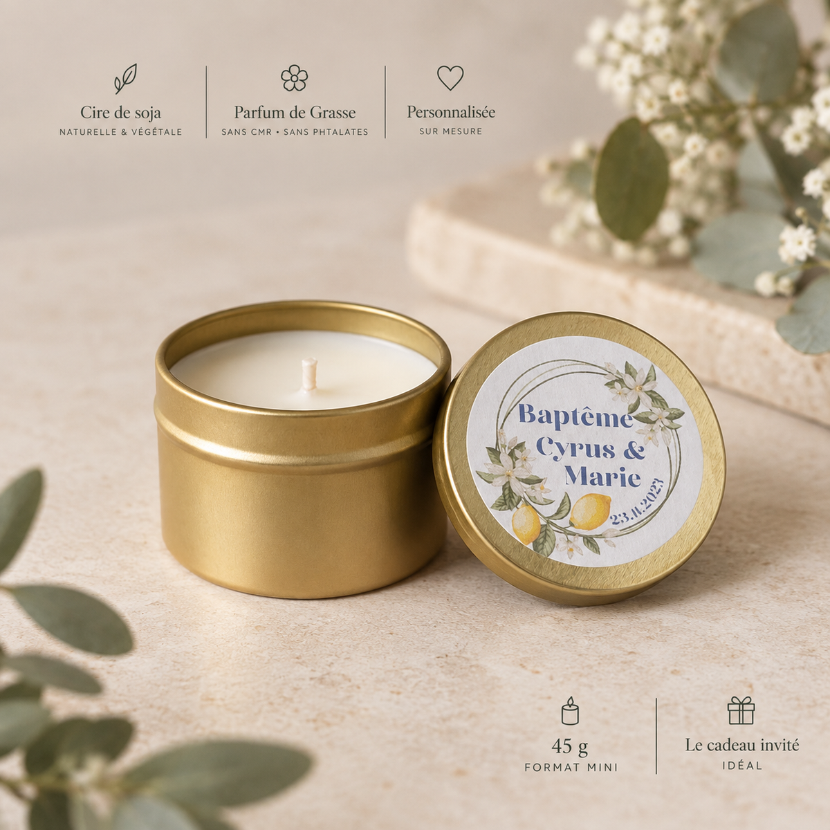 Mini bougie personnalisée 45 g en pot métallique doré – cadeau invité événement