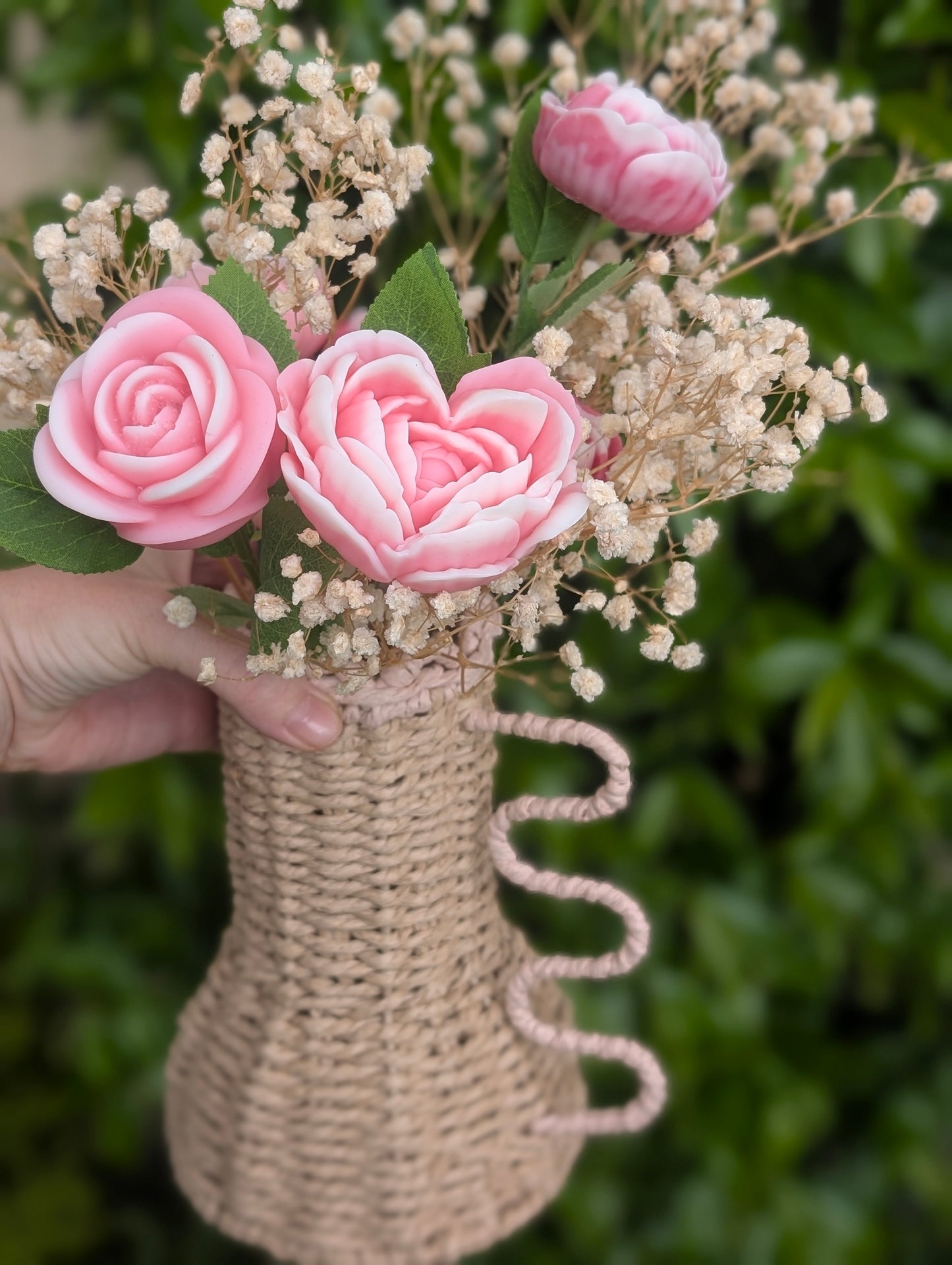 Bouquet parfumé Poudre de Riz 160g  – Vase en rotin